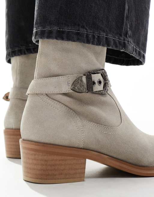 ASOS DESIGN heeled cuban boot in grey suede with western buckle and detail