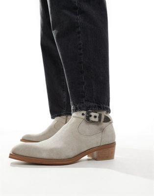  heeled cuban boot in stone suedette with western buckle and detail