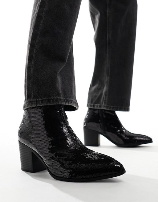 FhyzicsShops DESIGN heeled cuban chelsea boot in all over black sequin