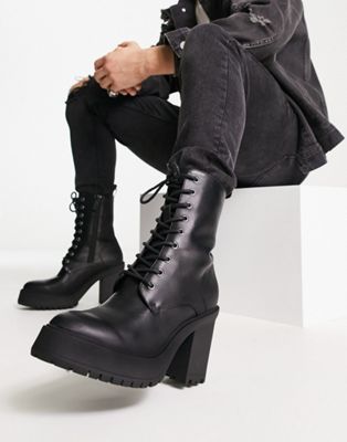 ASOS DESIGN heeled lace up boots in black faux leather with platform sole