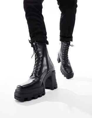 Asos Design Heeled Lace Up Boots In Black Leather On Black Platform Sole