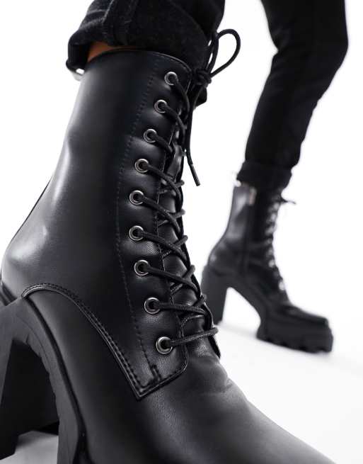 ASOS DESIGN heeled lace up boots in black faux leather with platform sole