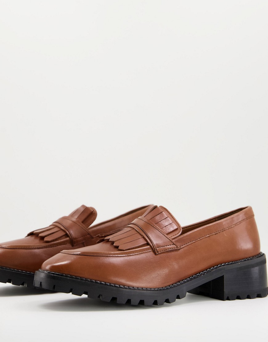 ASOS DESIGN heeled loafers in tan leather with fringe detail-Brown