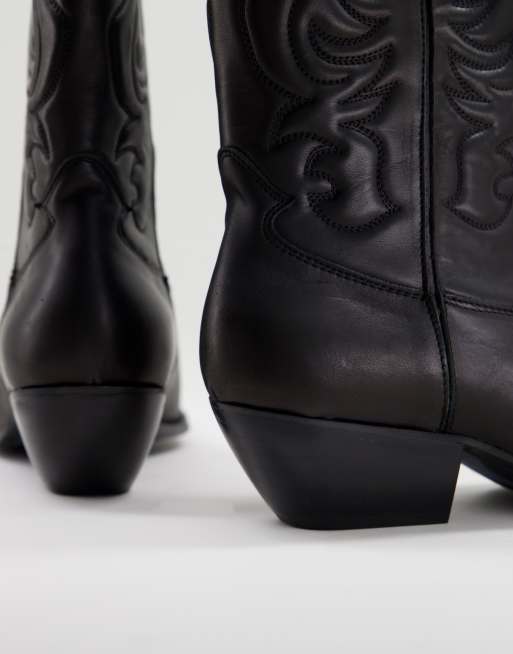 ASOS DESIGN heeled western cowboy boots in black leather with black sole