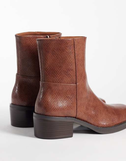 ASOS DESIGN heeled zip up boots in tan snake, 2 of 4