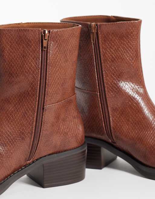 ASOS DESIGN heeled zip up boots in tan snake, 3 of 4