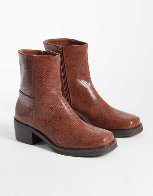 ASOS DESIGN heeled zip up boots in tan snake, 4 of 4
