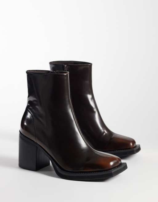 ASOS DESIGN heeled zip up boots with angled toe in brown, 2 of 4