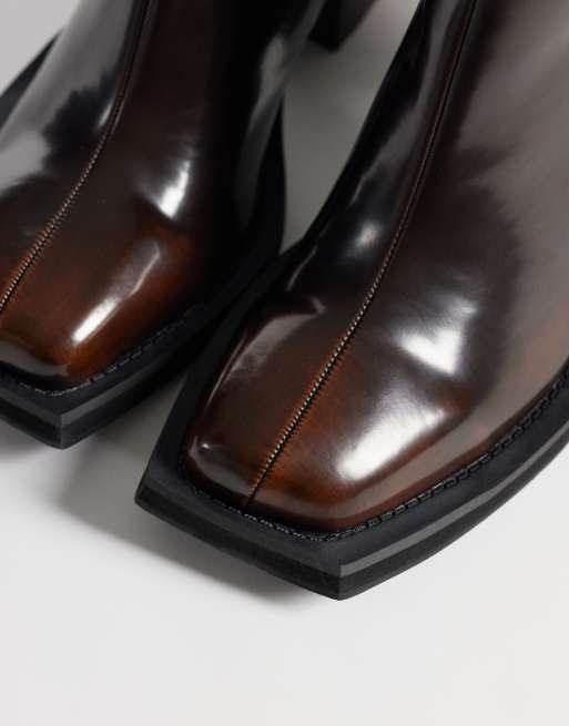 ASOS DESIGN heeled zip up boots with angled toe in brown, 3 of 4