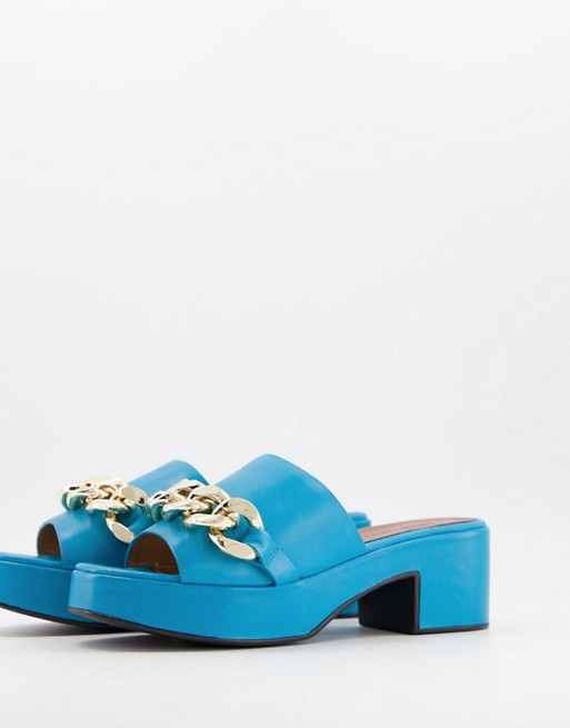 ASOS DESIGN Heidi premium leather chain platform heeled sandals in blue