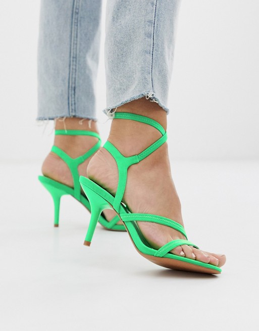 ASOS DESIGN Heightened mid-heeled strappy sandals in neon green | ASOS