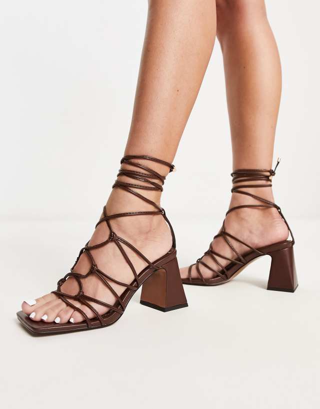 ASOS DESIGN Helene knotted block heeled sandals in brown