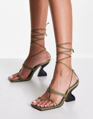 ASOS DESIGN Helix strappy tie leg heeled sandals in olive