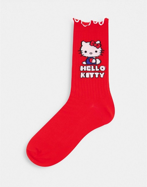 ASOS DESIGN Hello Kitty calf length rib socks in red