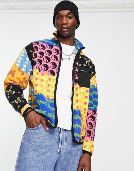 ASOS DESIGN – Helmönstrad jacka i polarfleece och oversize med dragkedja