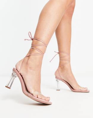 ASOS DESIGN – Helsy – Genomskinliga och beige halvhöga klacksandaler med knytning runt benet 