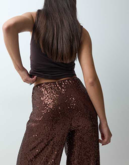 ASOS DESIGN heltäckande paljett vida byxor i chokladbrunt, 3 av 5