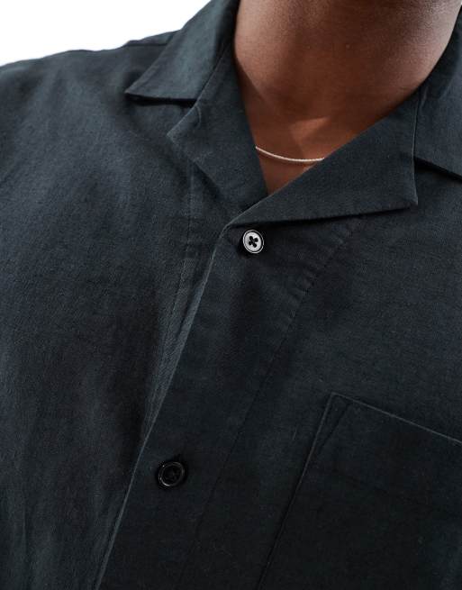 ASOS DESIGN – Hemd aus Leinenmix in Schwarz mit lässigem Schnitt und Reverskragen, 2 von 4
