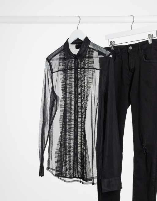 ASOS DESIGN – Hemd aus Netzstoff mit Rüschen vorn in Schwarz, reguläre Passform