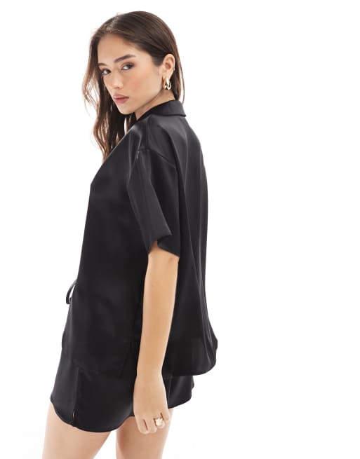 ASOS DESIGN – Hemd aus Satin in Schwarz, Kombiteil, 2 von 4
