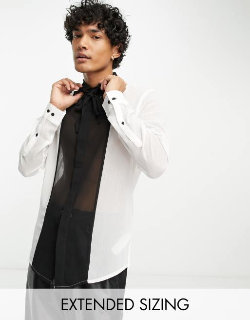 ASOS DESIGN – Hemd aus transparentem Crepe in Weiß mit Farbblock-Design und kontrastierendem Bindedetail am Halsausschnitt