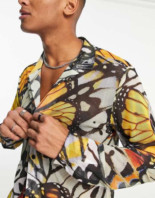 ASOS DESIGN – Hemd aus transparentem Mesh mit tiefem Reverskragen und Schmetterlingsprint, 3 von 4