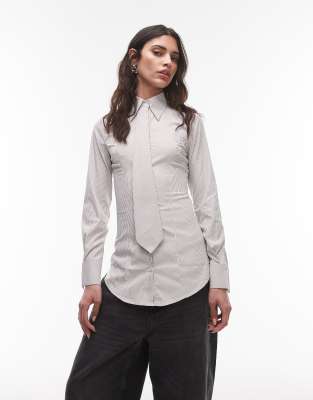 ASOS DESIGN - Hemd in Beige gestreift mit elastischer Taille und Bindedetail-Bunt
