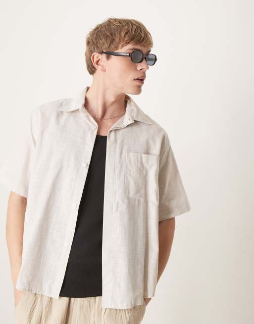 ASOS DESIGN – Hemd in beiger Leinenoptik mit lockerem, kastigem Schnitt und 70er-Kragen