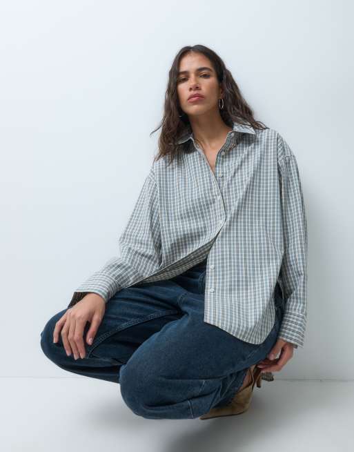 ASOS DESIGN Hemd in Blau kariert mit nach hinten abfallendem Saum, Oversize, 3 von 9
