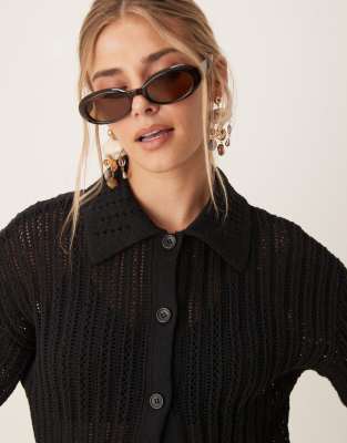 ASOS DESIGN - Hemd in Schwarz mit Pointelle-Muster, Kombiteil