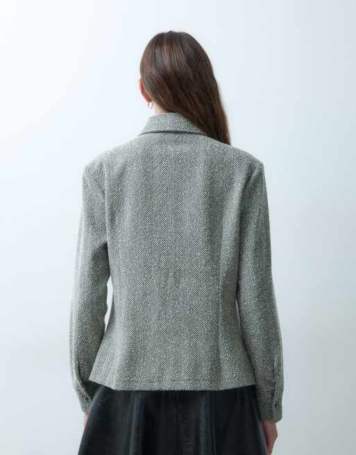 ASOS DESIGN Hemd in Wolloptik mit langen Ärmeln, lockerer Passform und monochromem Fischgrätmuster, 3 von 4