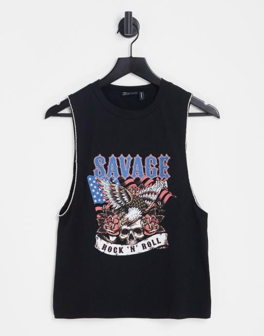 ASOS DESIGN - Hemd met grafische rockprint en armsgaten met rand van siersteentjes in zwart