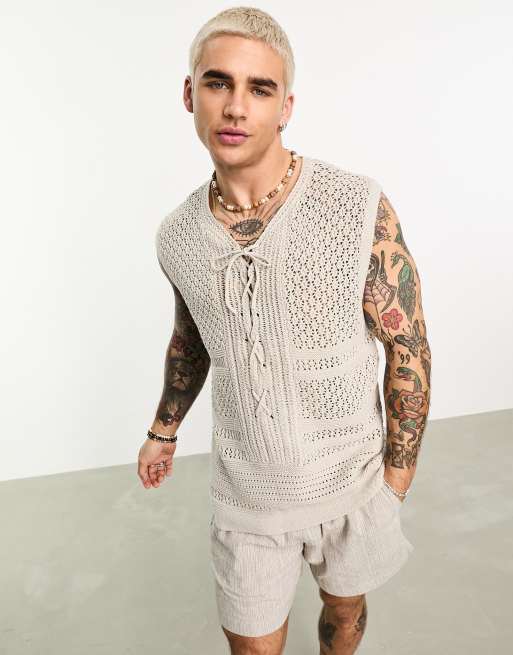 ASOS DESIGN - Hemd met textuur en veters in naturel