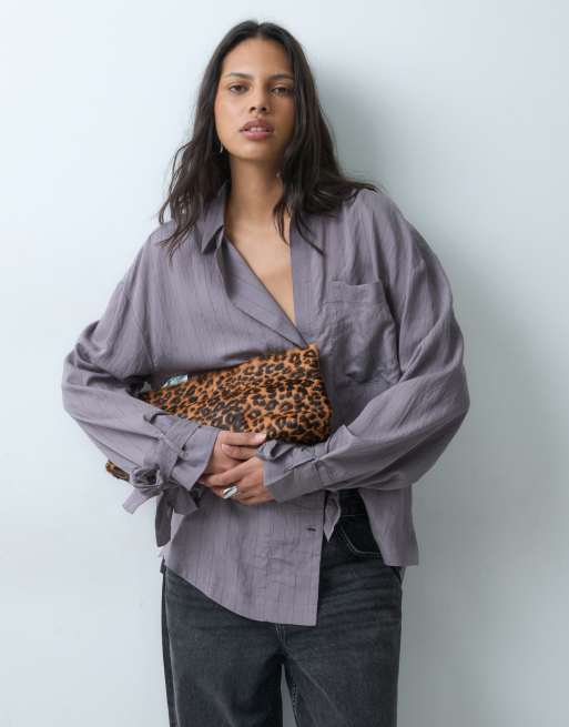 ASOS DESIGN Hemd mit Bindemanschetten-Detail und weichem Streifenmuster in Mauve, 2 von 5