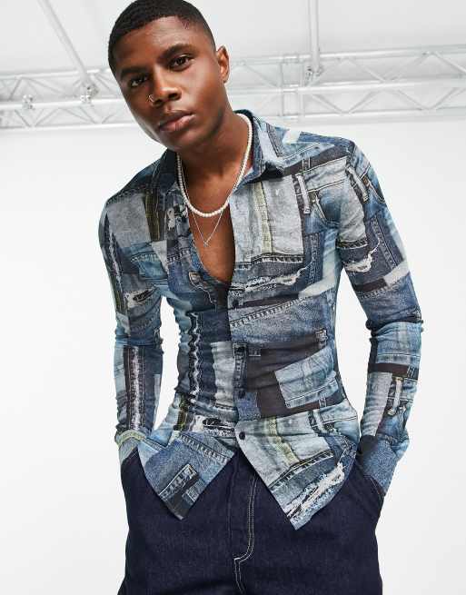 ASOS DESIGN – Hemd mit engem Schnitt, Stretchanteil und Jeansmuster