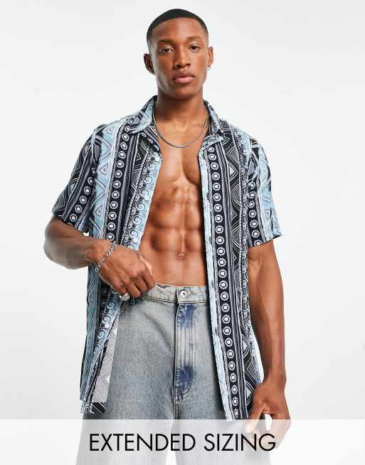 ASOS DESIGN – Hemd mit Reverskragen und Azteken-Streifenmuster in Blau und Schwarz