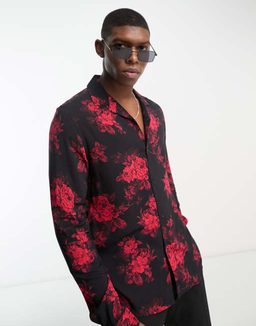 ASOS DESIGN – Hemd mit rotem Blumenmuster und Reverskragen