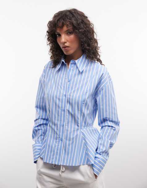 ASOS DESIGN Hemd mit Schößchendetail in blau-weiß gestreift - view 1