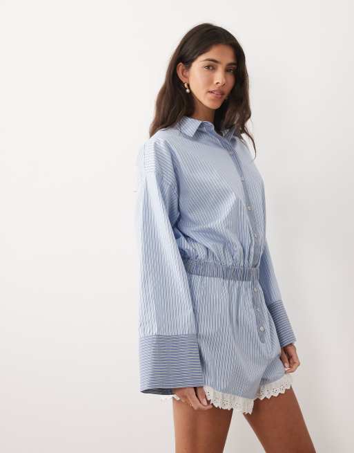 ASOS DESIGN – Hemd-Playsuit in Blau mit Streifenmustermix und Spitzenbesatz, 2 von 4