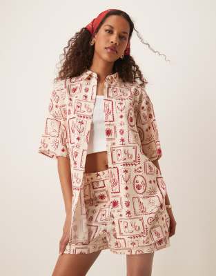 ASOS DESIGN - Hemdbluse aus Leinen mit Westernprint, Kombiteil-Bunt