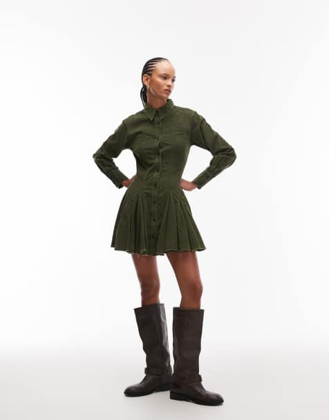 ASOS DESIGN – Hemdblusenkleid aus Cord in verwaschenem Olivgrün mit geraffter Taille und Godet-Einsätzen - view 1