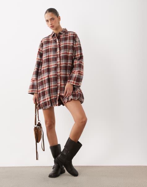 ASOS DESIGN Hemdblusenkleid in Mini-Länge mit weitem Ärmelaufschlag und Bubble-Saum in Rot kariert - view 1