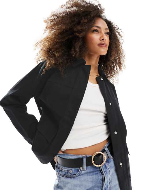 ASOS DESIGN – Hemdjacke aus Baumwoll-Twill in Schwarz mit Taschen