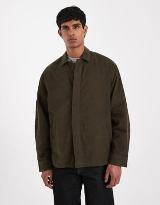 Hemdjacke aus Cord in dunklem Khaki mit verdeckter Knopfleiste-Grün Grün 2XL
