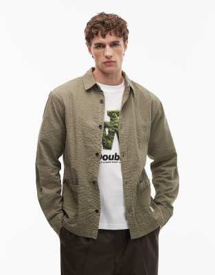 Hemdjacke aus Seersucker in Khaki mit Aufnäher-Grün Grün S