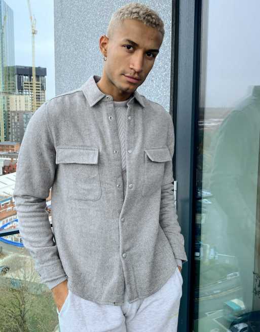 ASOS DESIGN – Hemdjacke aus Wollgemisch mit Fischgrätmuster in Grau | ASOS