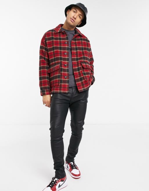 ASOS DESIGN – Hemdjacke aus Wollmischung mit rotem Karomuster