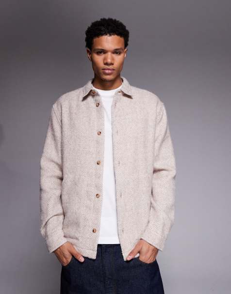 ASOS DESIGN – Hemdjacke in Beige mit strukturiertem Fischgrätmuster - view 1