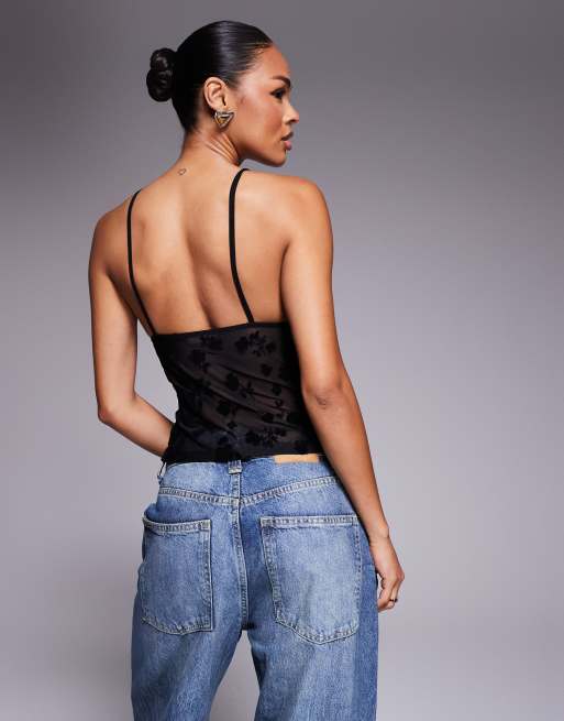 ASOS DESIGN - Hemdje met geflockte bloemen in zwart, 4 van 4