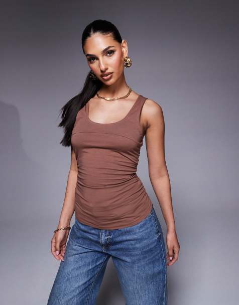 ASOS DESIGN - Hemdje met gerimpelde ingenomen taille in bruin - view 1